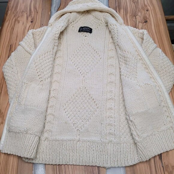 SISANDINA Wool Cardigan Sweater Chunky Cable Knit Hooded Zip Front Ivory Medium - Picture 5 of 10